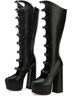 Women's Goth-Black Faux Leather Punk Combat Mid Calf Knee High Chunky Heels Boot